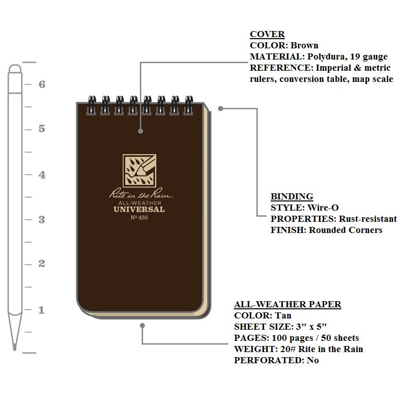 RITE IN THE RAIN TOP SPIRAL NOTEBOOK 3" X 5" - BROWN (435)