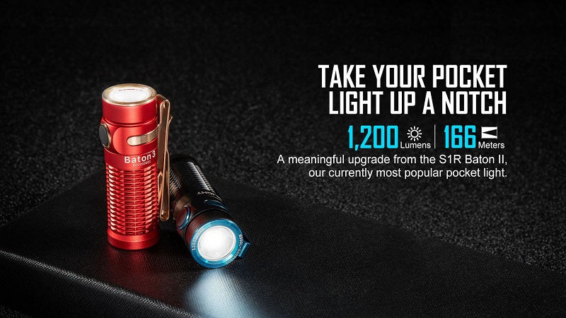 OLIGHT BATON 3 RECHARGEABLE LED FLASHLIGHT - 1200 LUMENS - LUMINUS SST40 - INCLUDES 1 X RCR123A - BLACK
