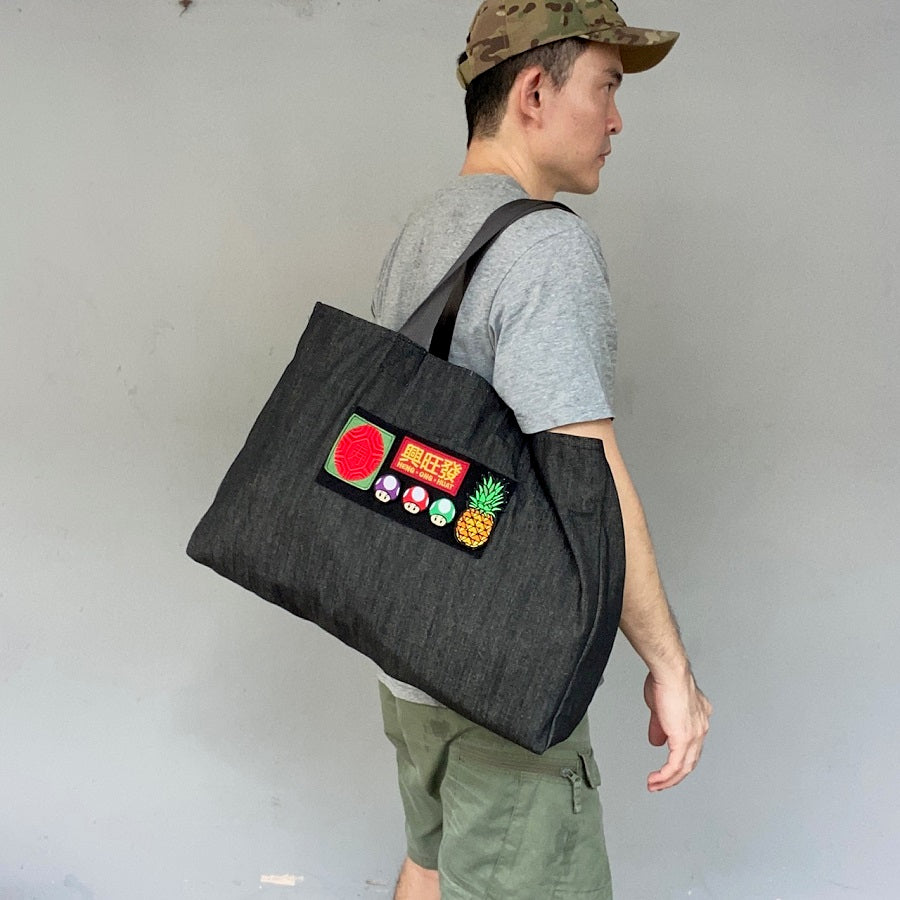 DENIM TOTE BAG WITH LARGE LOOP SIDE VELCRO PANEL