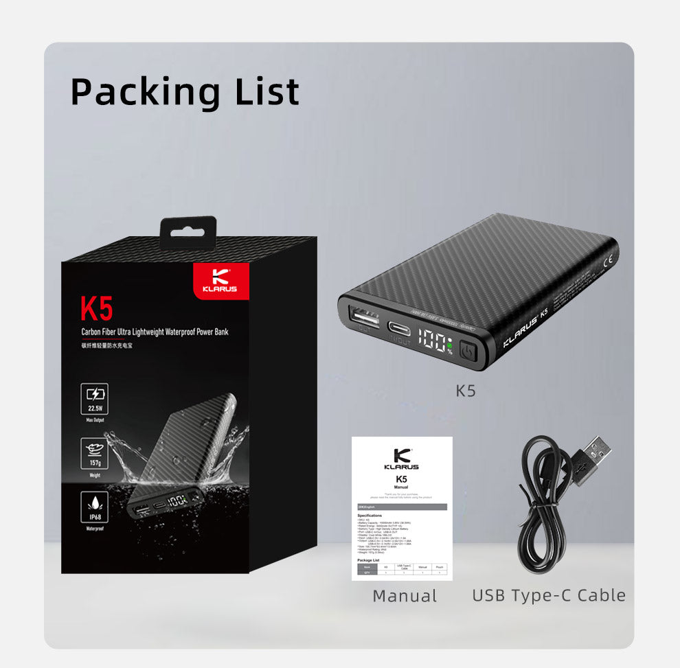 KLARUS K5 CARBON FIBER LIGHTWEIGHT IPX8 WATERPROOF POWERBANK 10000mAh