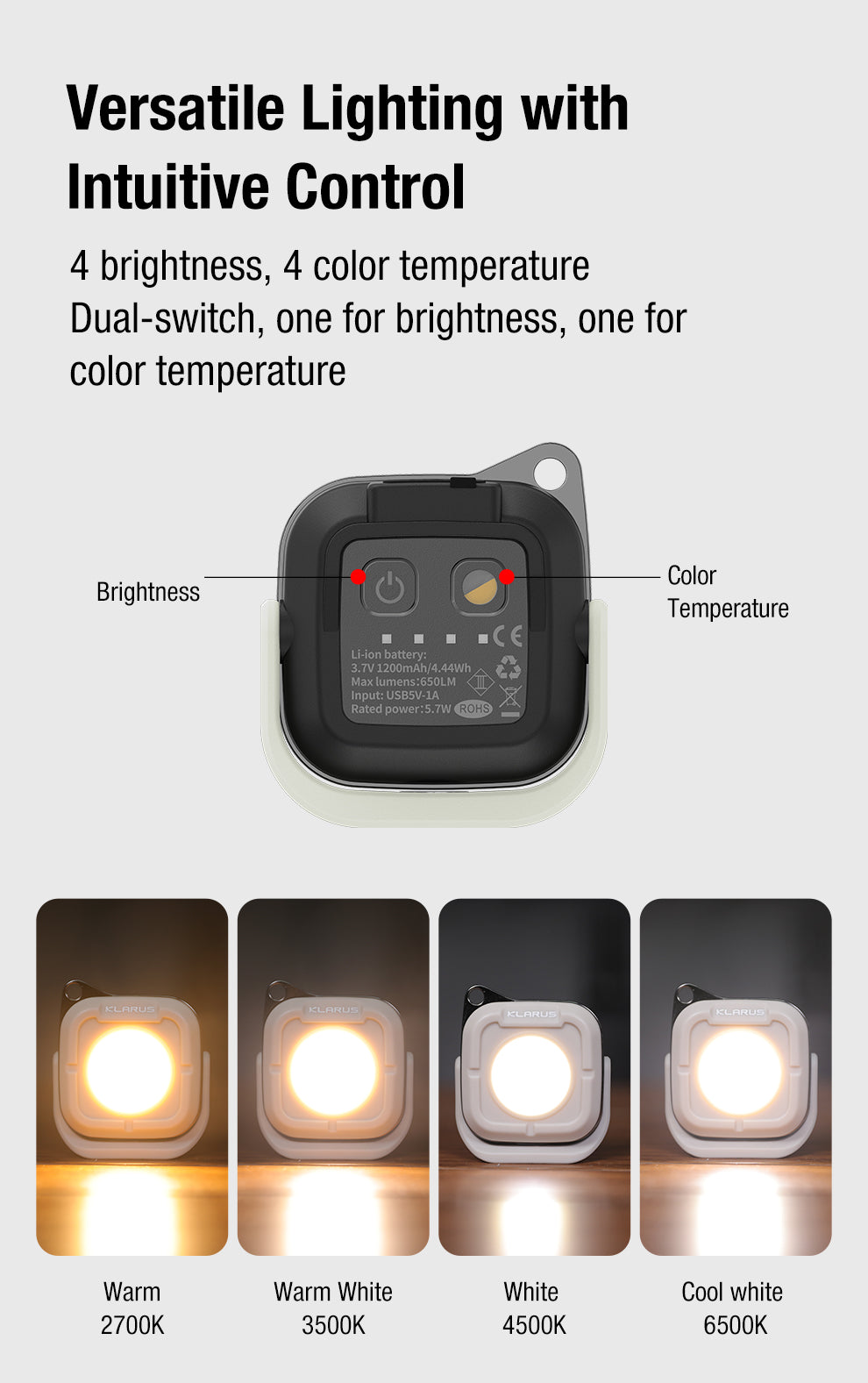 KLARUS CL5 MINI PORTABLE CAMPING LIGHT 650 LUMENS, 1200mAh BUILT-IN BATTERY