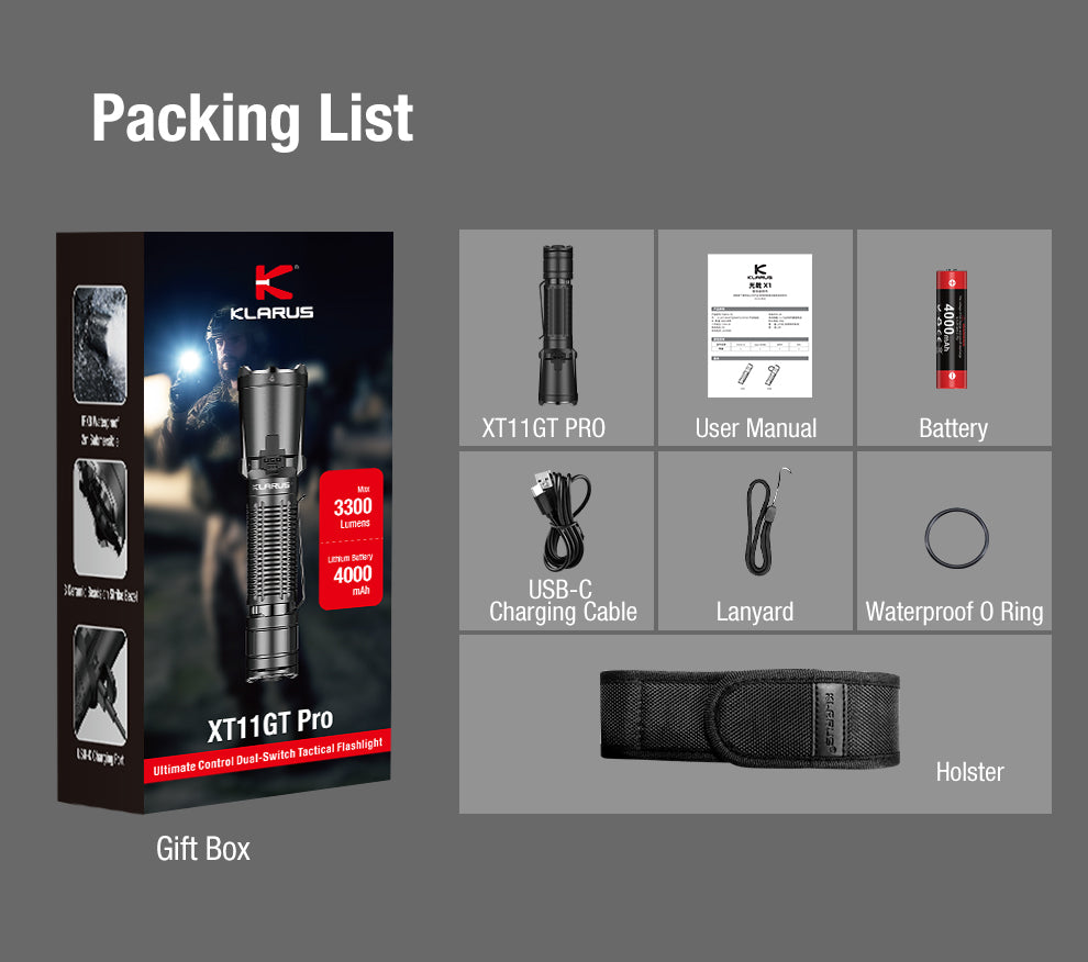 KLARUS XT11GT PRO V3.0 USB-C RECHARGEABLE TACTICAL LED FLASHLIGHT (USES 1 X 18650 INCLUDED) - 3300 LUMENS