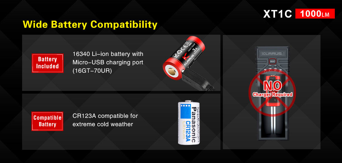 KLARUS XT1C CREE XP-L HD V6 LED - 1000 LUMENS (USES 1 X 16340 (INCLUDED) OR 1 X CR123A)