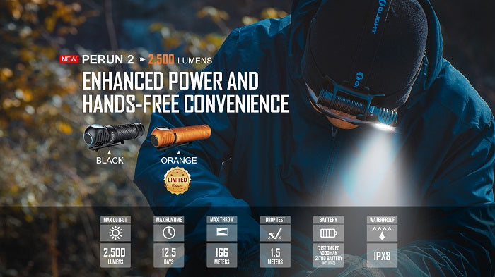 OLIGHT PERUN 2 RECHARGEABLE LED HEADLAMP - 2500 LUMENS - CREE XHP50B - INCLUDES 1 X 21700 - BLACK