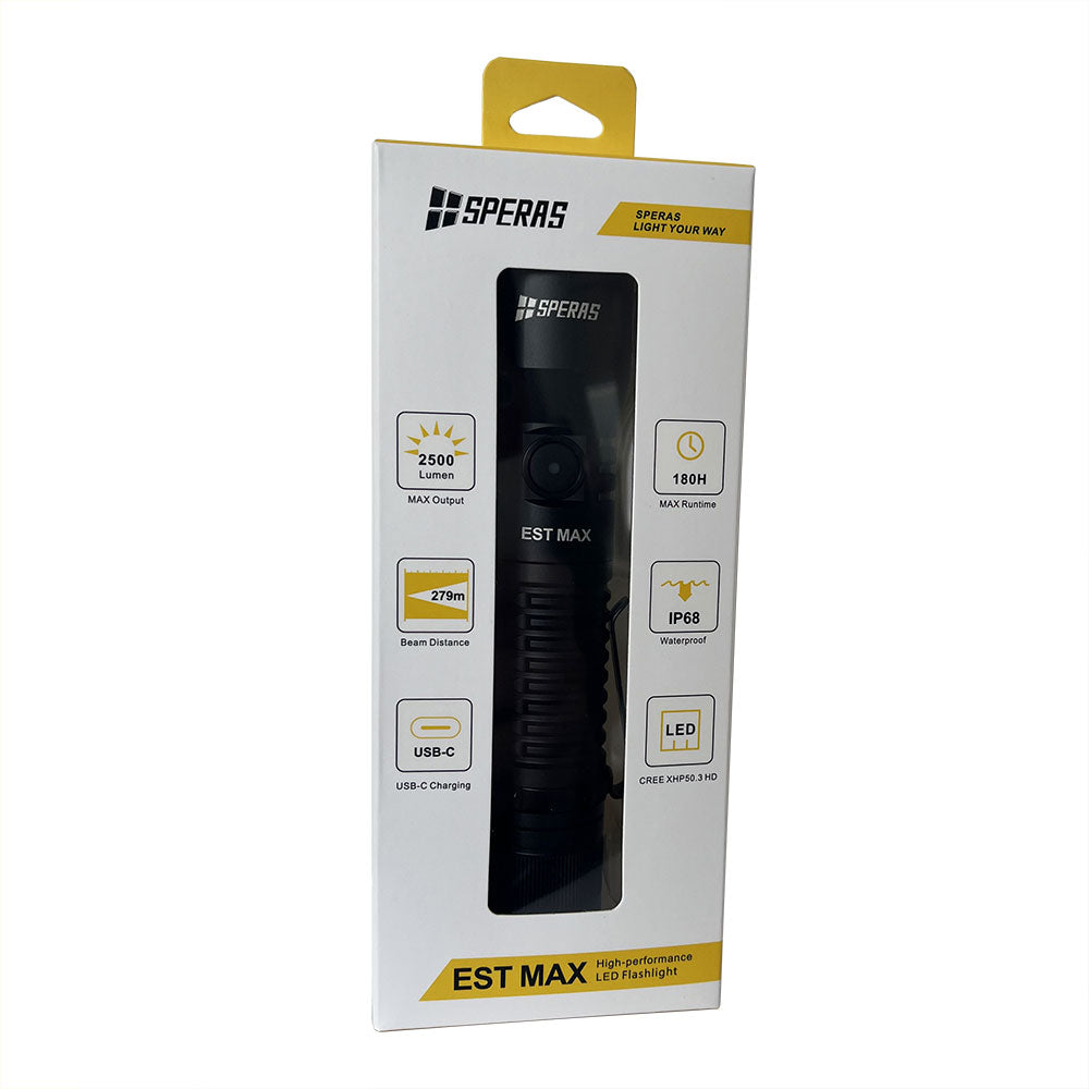 SPERAS EST MAX PROFESSIONAL TACTICAL POLICE FLASHLIGHT 2500 LUMENS, 1 x 18650 (BLACK)