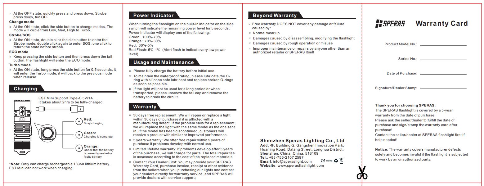 SPERAS EST MINI, USB-C RECHARGEABLE TACTICAL FLASHLIGHT 1900 LUMENS, 1 x 18350 (BLACK)