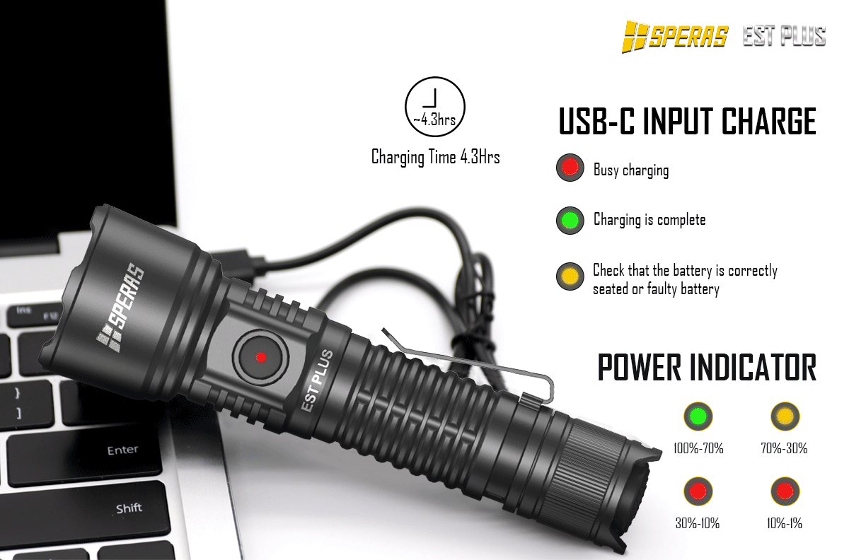 SPERAS EST PLUS, PROFESSIONAL TACTICAL POLICE FLASHLIGHT 1600 LUMENS, 1 x 18650 (BLACK)