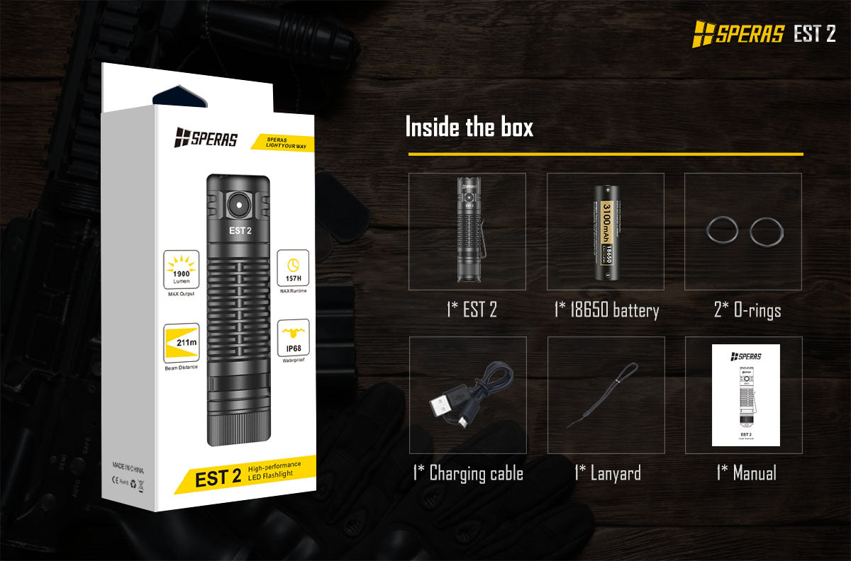 SPERAS EST2, USB-C RECHARGEABLE TACTICAL FLASHLIGHT 1900 LUMENS, 1 x 18350 (BLACK)