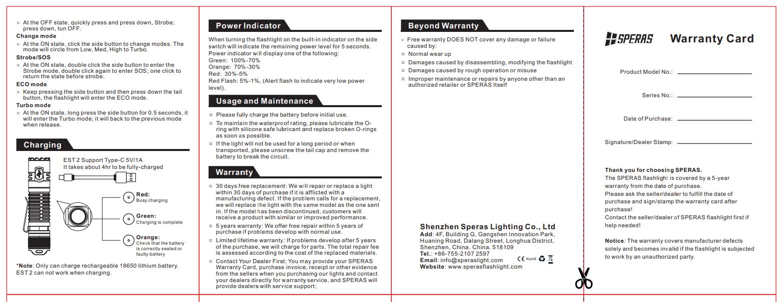 SPERAS EST2, USB-C RECHARGEABLE TACTICAL FLASHLIGHT 1900 LUMENS, 1 x 18350 (BLACK)