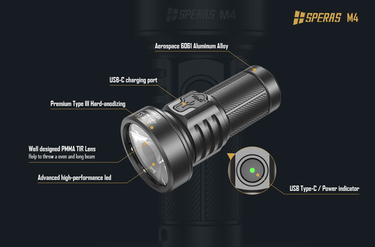 SPERAS M4 MINI RECHARGEABLE FLASHLIGHT 1320 LUMENS 652M THROW, 1 x 18350 BATTERY