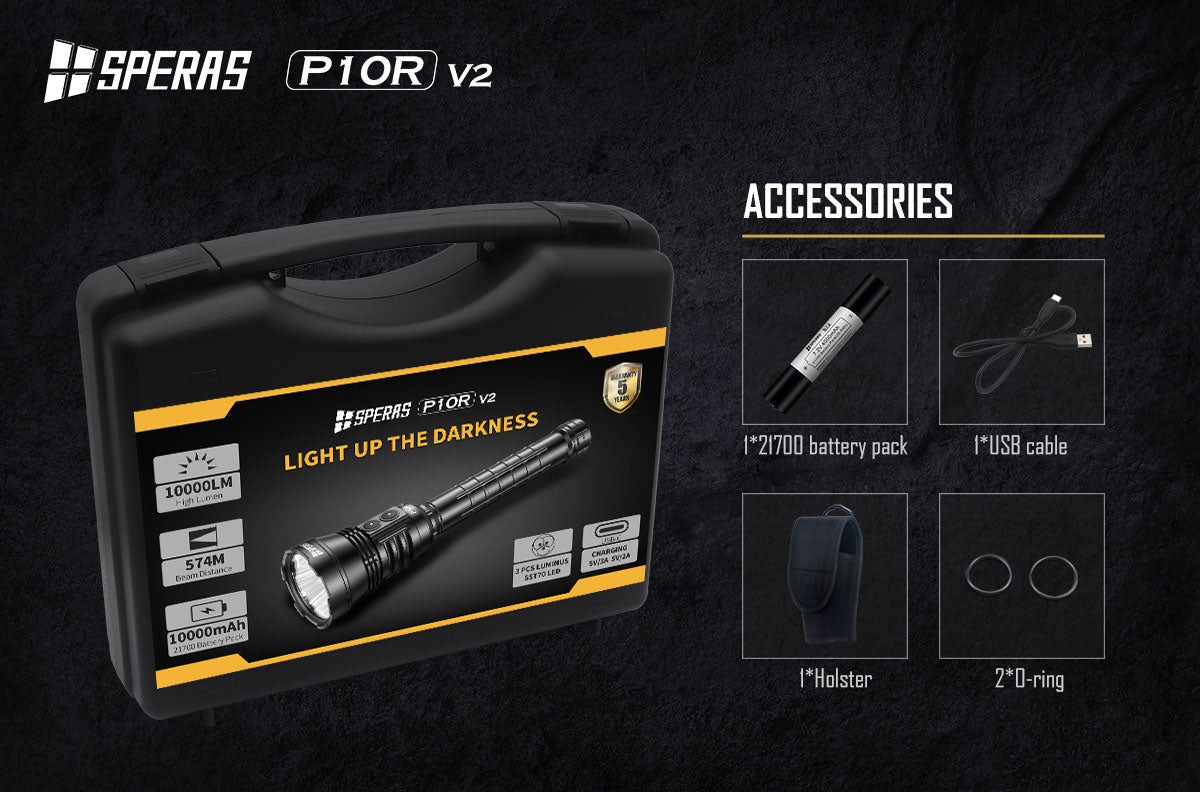 SPERAS P10R V2 TYPE-C RECHARGEABLE LED FLASHLIGHT 10000 LUMENS 574M, 1 x 10000mAh 21700 BATTERY PACK