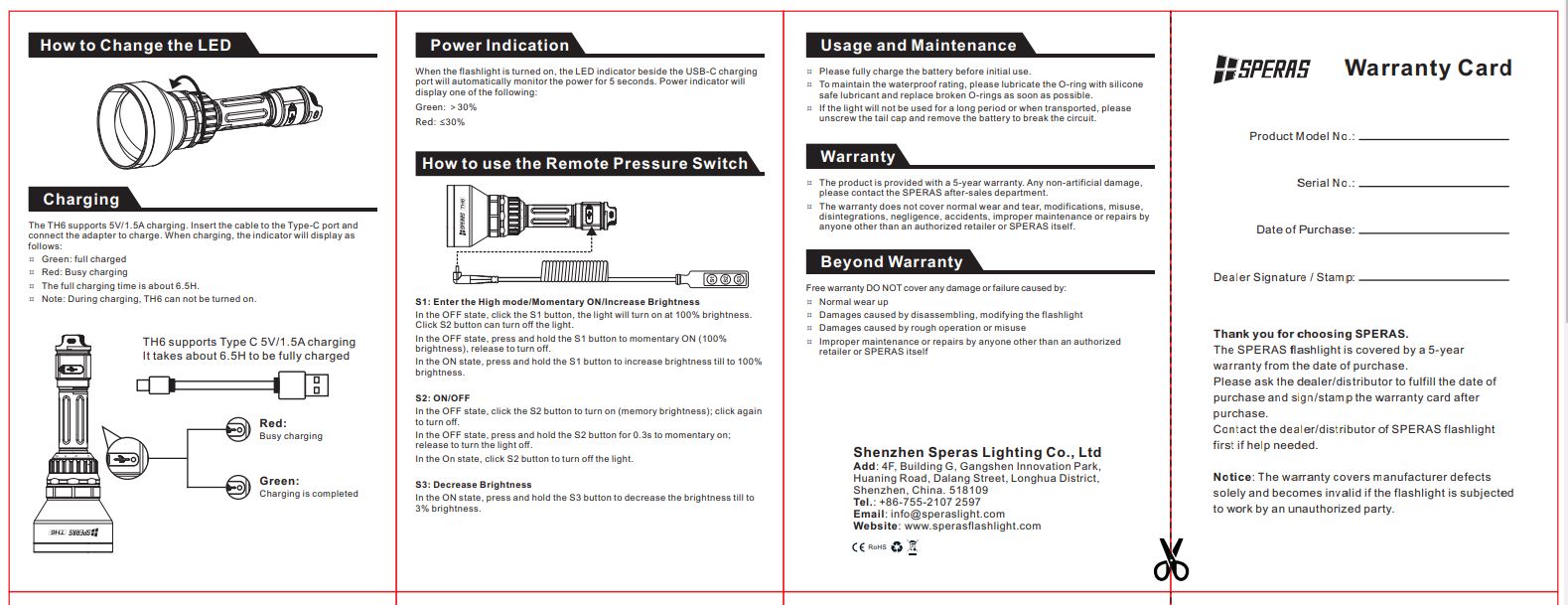 SPERAS TH6 RECHARGEABLE 4-IN-1 LED HUNTING FLASHLIGHT 600 LUMENS THROW 1173 METERS, 1 X 21700 (BLACK)
