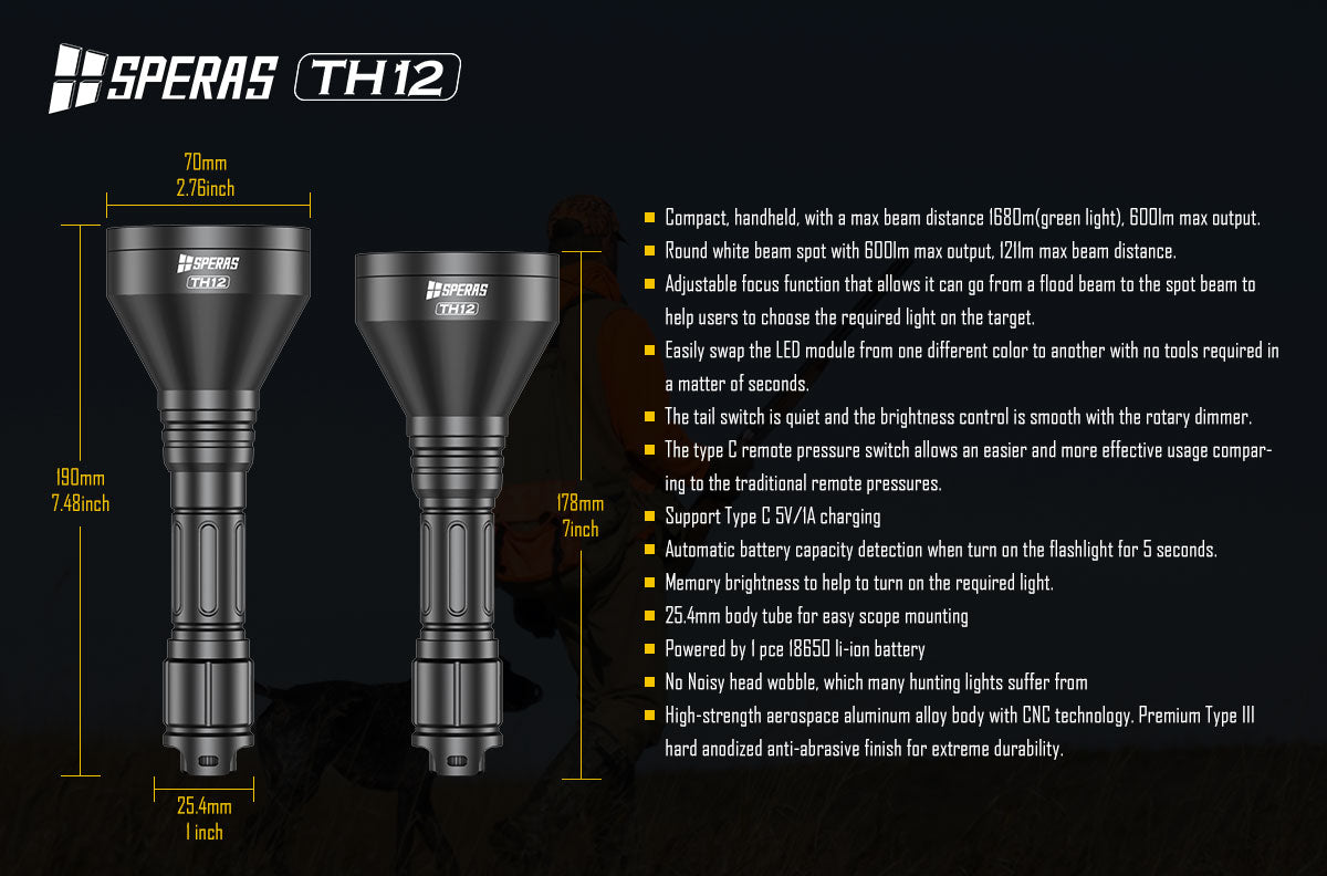SPERAS TH12K PROFESSIONAL POWERFUL HUNTING FLASHLIGHT, THROW 1680 METERS, 600 LUMENS, 1 X 18650 (BLACK)