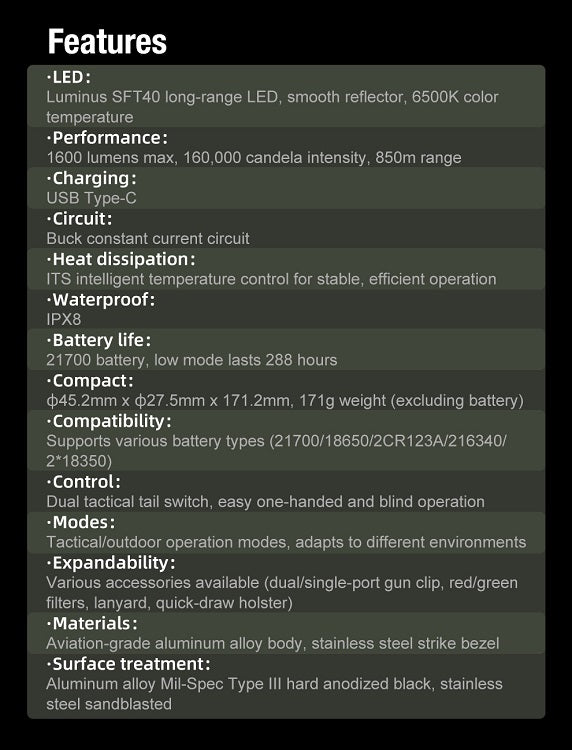 KLARUS XT12GT-PRO USB-C RECHARGEABLE LED FLASHLIGHT - INCLUDES 1 X 21700 - 1600 LUMENS