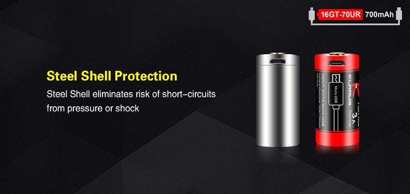 KLARUS 16GT-70UR 16340 BATTERY WITH MICRO-USB RECHARGING PORT