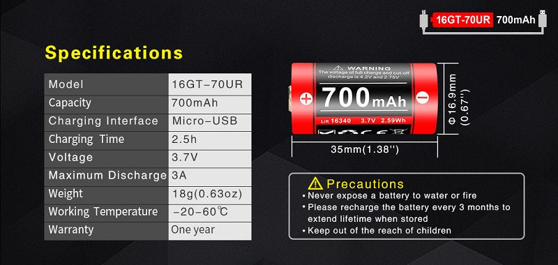 KLARUS 16GT-70UR 16340 BATTERY WITH MICRO-USB RECHARGING PORT