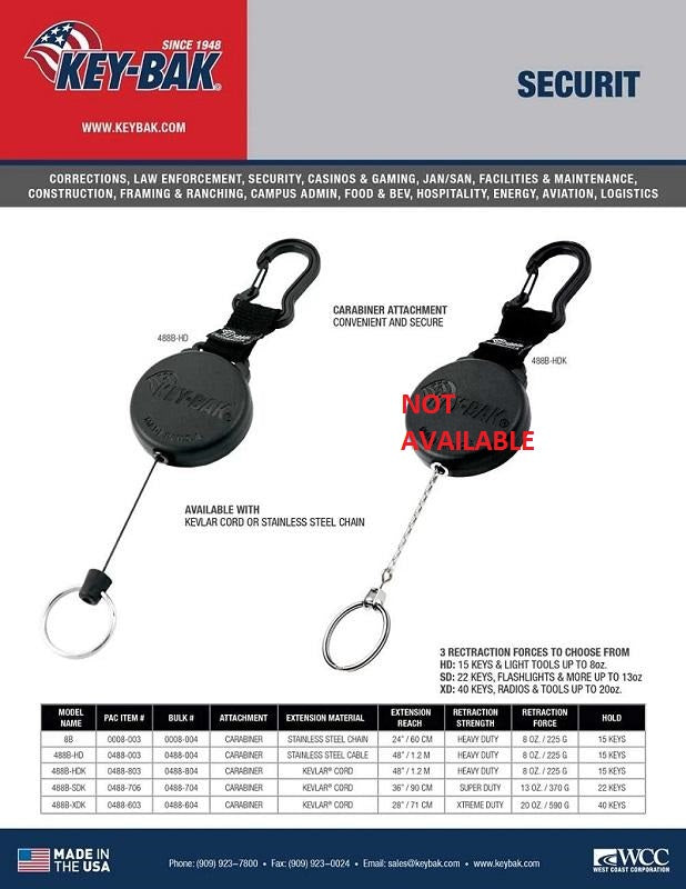 KEY-BAK SECURIT HEAVY DUTY RETRACTABLE KEYCHAIN WITH CARABINER  ATTACHMENT AND KEY RING (28" KEVLAR CORD)