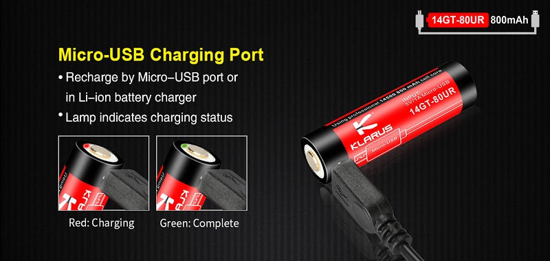 KLARUS 14GT-80UR 14500 800MAH 3.7V PROTECTED LITHIUM ION (LI-ION) HIGH-DRAIN 4A BUTTON TOP BATTERY WITH MICRO USB CHARGING PORT