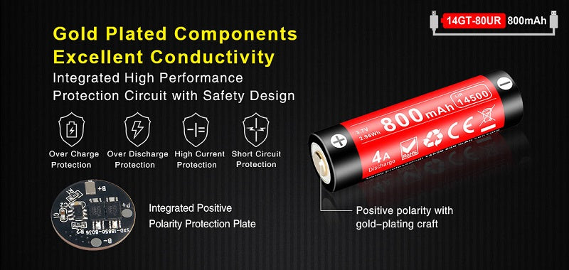 KLARUS 14GT-80UR 14500 800MAH 3.7V PROTECTED LITHIUM ION (LI-ION) HIGH-DRAIN 4A BUTTON TOP BATTERY WITH MICRO USB CHARGING PORT