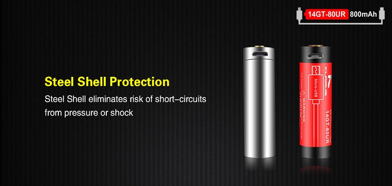 KLARUS 14GT-80UR 14500 800MAH 3.7V PROTECTED LITHIUM ION (LI-ION) HIGH-DRAIN 4A BUTTON TOP BATTERY WITH MICRO USB CHARGING PORT