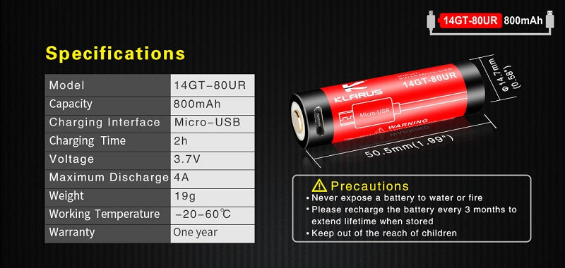 KLARUS 14GT-80UR 14500 800MAH 3.7V PROTECTED LITHIUM ION (LI-ION) HIGH-DRAIN 4A BUTTON TOP BATTERY WITH MICRO USB CHARGING PORT