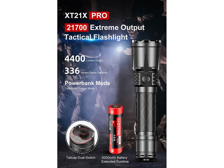 KLARUS XT21X PRO RECHARGEABLE LED FLASHLIGHT - CREE XHP70.2 - 4400 LUMENS - INCLUDES 1 X 21700