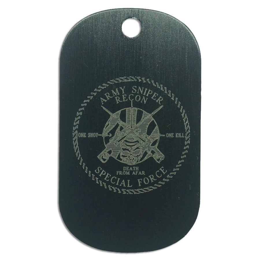 LASER ENGRAVED BLACK ANODIZED LOGO DOG TAG - ARMY SNIPER RECON SPECIAL FORCE