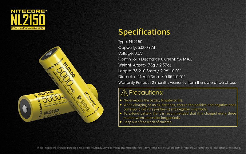 NITECORE NL2150 21700 5000MAH 3.6V PROTECTED LITHIUM ION (LI-ION) BUTTON TOP BATTERY (OLD STOCK CLEARANCE)