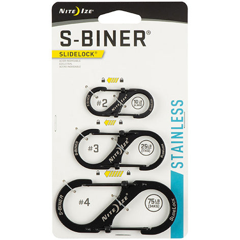 NITEIZE SLIDELOCK STEEL S-BINER (3 PIECE PACK) - BLACK